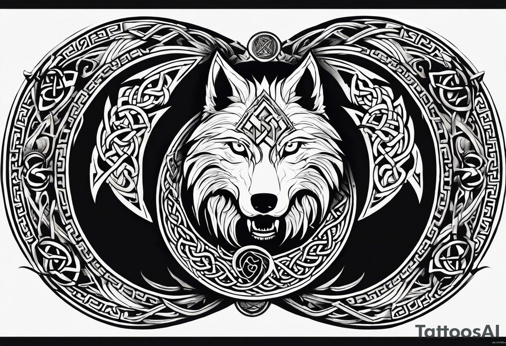 A powerful tattoo design combining Nordic, Greek, and Celtic symbols to represent someone who made you believe in humanity's goodness, only to turn out to be its ultimate betrayer. The centerpiece is a snarling wolf, symbolizing Fenrir, with glowing eyes and an open mouth, representing betrayal and destruction. Surrounding the wolf is the Ouroboros, a serpent eating its own tail, symbolizing the endless cycle of trust and betrayal. The Triskelion, with its three interlocking spirals, appears in the background or as a border, representing the shifting balance between light and dark. Incorporate fire and ice elements to reflect the contrast between warmth (trust) and coldness (betrayal), with Celtic knotwork and runes adding ancient, mystical depth to the design. tattoo idea