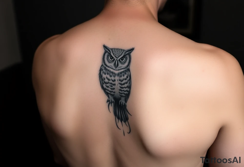 ovo owl with time stamp 5:55 behind it like a shadow top to bottom on calf tattoo idea