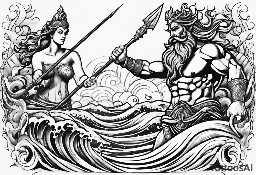 Poseidon raising trident with waves tattoo idea