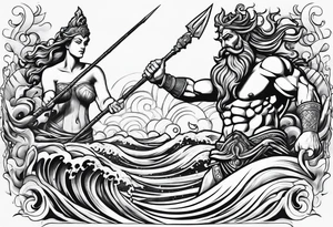 Poseidon raising trident with waves tattoo idea