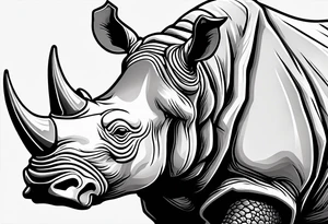A front-facing rhino head with a sharp elongated tusk that appears angry and fierce. Ears pointed straight up and forward a bit. Eyes that pierce your soul. tattoo idea