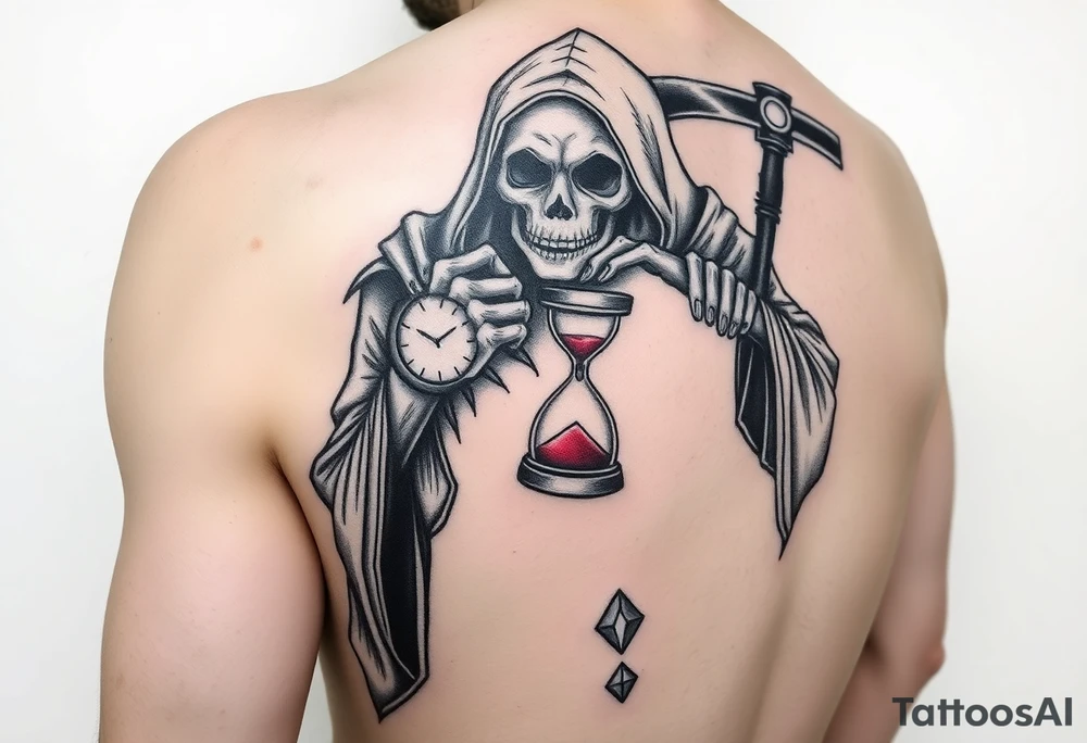 Simple grim reaper looking at a watch on his wrist with a hourglass with red sand and diamond geometric shapes for the thigh tattoo idea