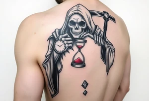 Simple grim reaper looking at a watch on his wrist with a hourglass with red sand and diamond geometric shapes for the thigh tattoo idea