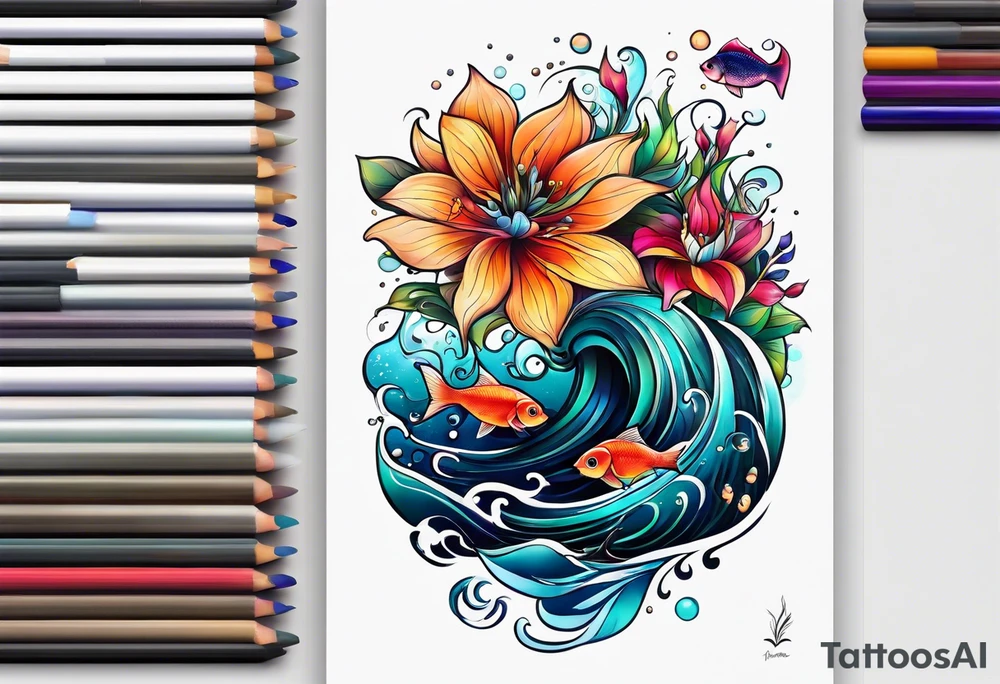 sea, night, flower, fish tattoo idea