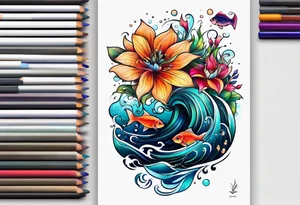 sea, night, flower, fish tattoo idea