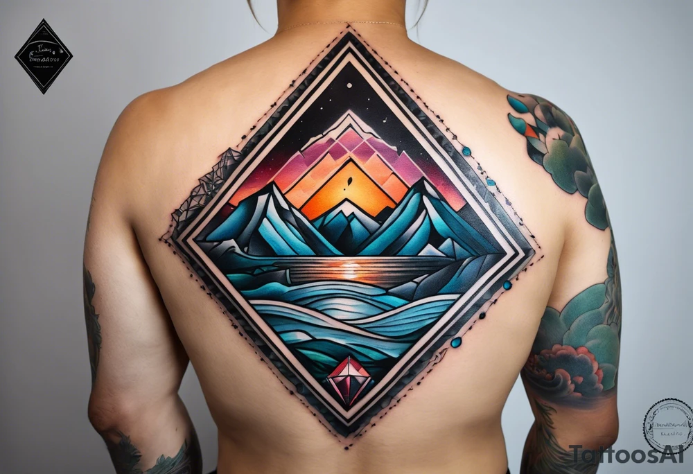 Übersetzter Text
tattoo fineline style, black, no fill, säntis mountain massif, water wave, a large semi-circle with two small colored stars frames the mountain peak, an open diamond as a geometric shape with dashed lines surrounds everything with the water overhanging the diamond, tattoo idea