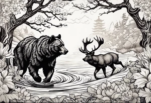 Hunter hunting deer being chased by a bear tattoo idea