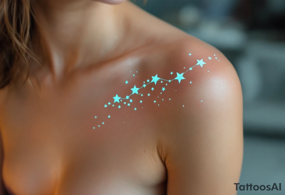 The Pisces constellation is dotted with tiny aquamarine stars that flow like water along the spine. tattoo idea