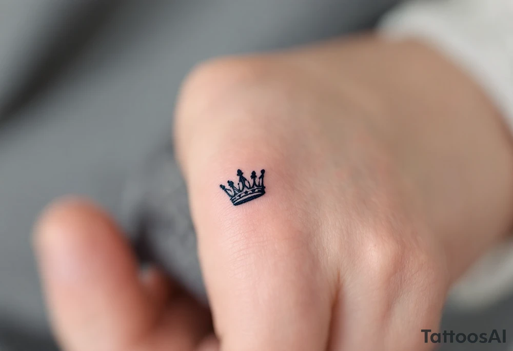 Tiny finger tattoos with black ink crown icons—spiky for king, rounded for queen. tattoo idea