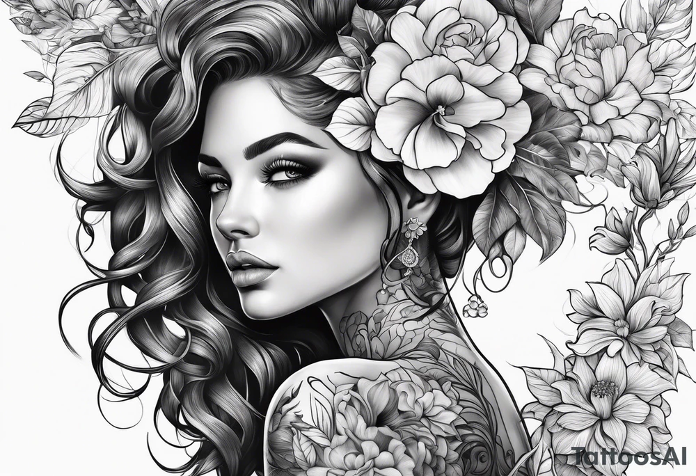woman with flower growth out of her head tattoo idea