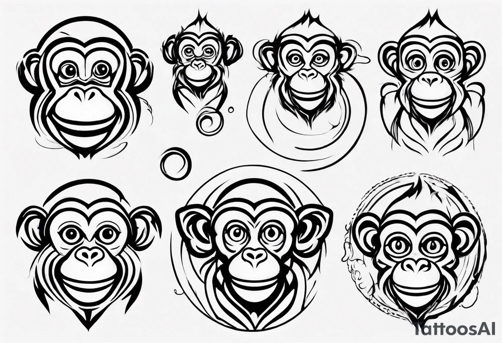 Create an abstract happy monkey outline in a small disconnected circle tattoo idea