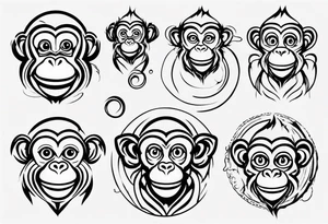 Create an abstract happy monkey outline in a small disconnected circle tattoo idea