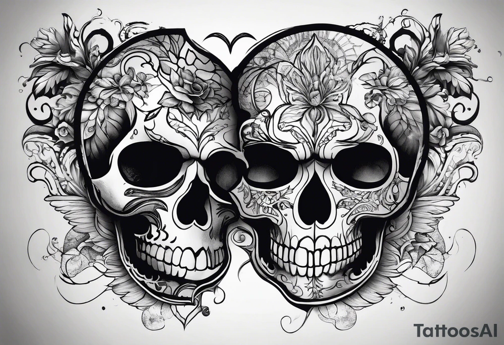 merge two halfs: in upper half put a visceral heart and in lower half put a skull tattoo idea