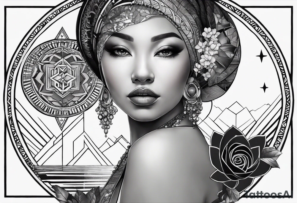 Very asymmetrical, +geometric pattern, with realistic full moon, with hippo at side look, +tribal, +geometric, +inkart , +blackwork, +grey scale, + sketch
with wintersweet flower bud, +portrait orientation, +inkart touch, tattoo idea
