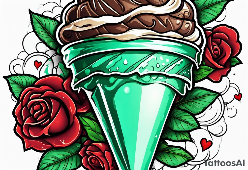 mint chocolate chip ice cream cone with small red heart on it somewhere. tattoo idea