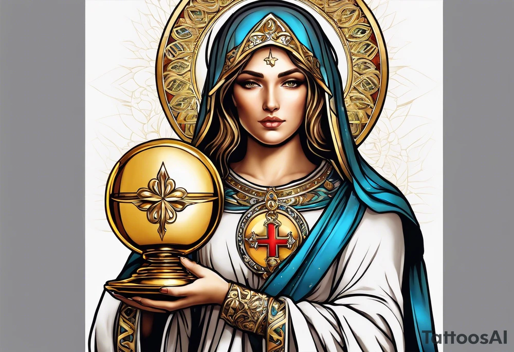 holy saint woman with golden halo holding a chalice tattoo idea