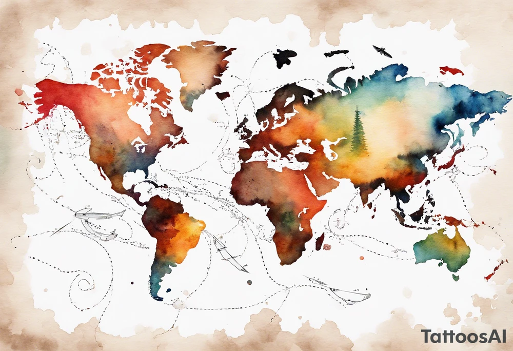 World map with tiny jet plane showing intercontinental flight path. Watercolor with spilled watercolor look tattoo idea