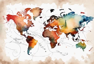 World map with tiny jet plane showing intercontinental flight path. Watercolor with spilled watercolor look tattoo idea