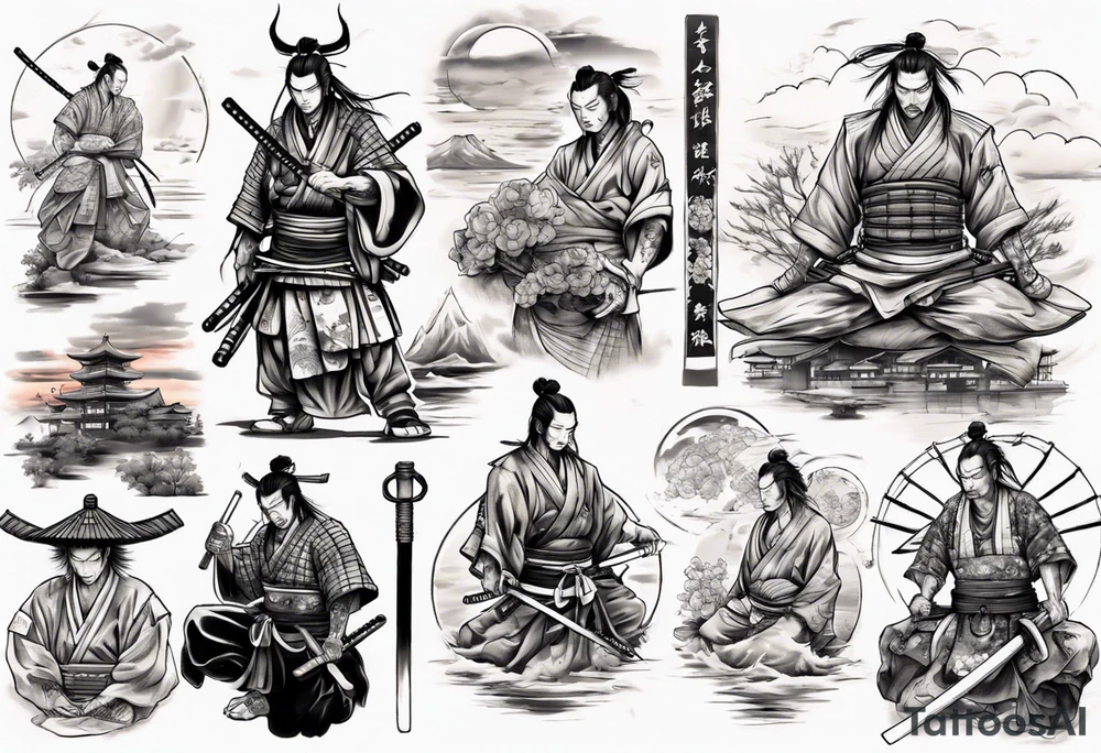 Samurai in the centre of a beautiful sunset tattoo idea