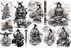 Samurai in the centre of a beautiful sunset tattoo idea
