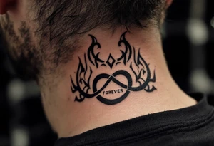 A small, black ink "forever" on the wrist, enclosed by a fine-line infinity symbol. tattoo idea