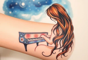 Woman with long wavy brown hair playing a grand piano under the stars swirl tattoo idea