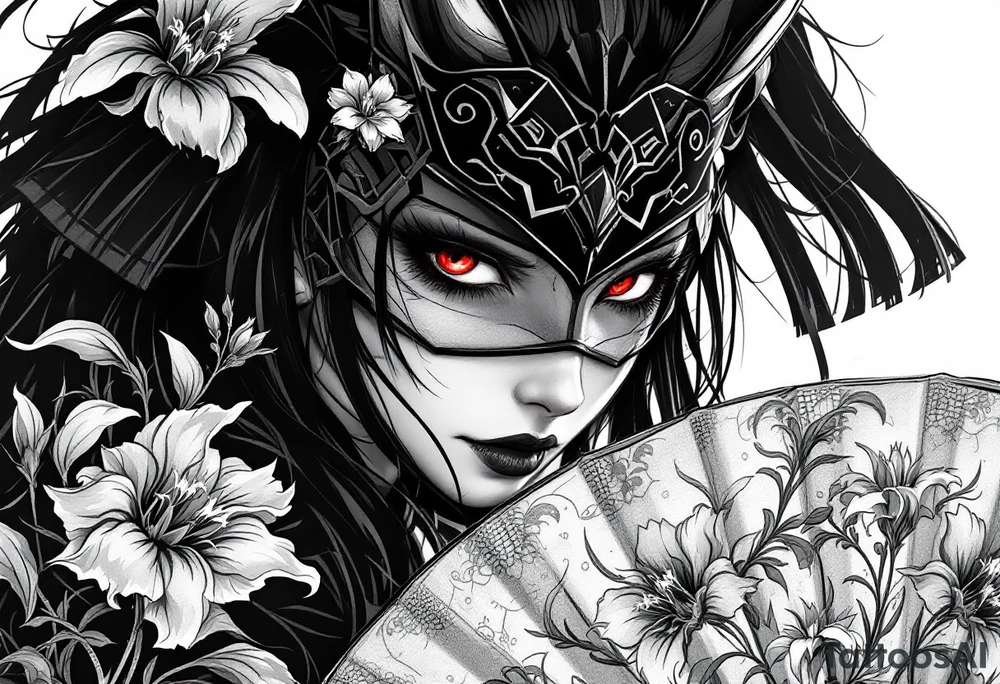 japanese samurai woman with red eyes wearing a kitsune half-mask and holding a fan with irises flowers ornement tattoo idea