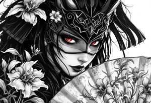 japanese samurai woman with red eyes wearing a kitsune half-mask and holding a fan with irises flowers ornement tattoo idea