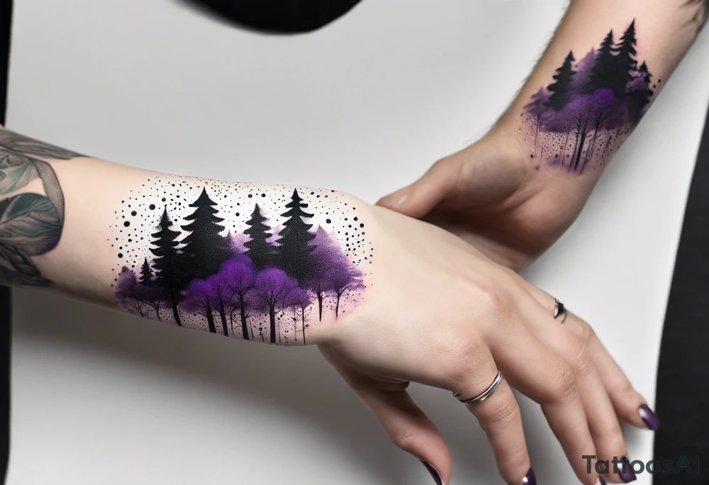 forest, abstract, on hand, no people, purple and black, full, whole wrist wrapped tattoo idea