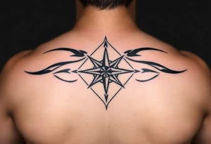 A sharp edged rip curl wave inside of an elongated diamond infront of a compass rose tattoo idea