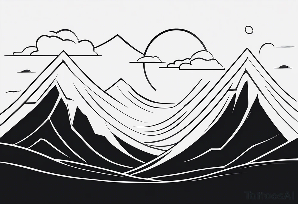 Line art one line minimalist sun mountain water tattoo idea
