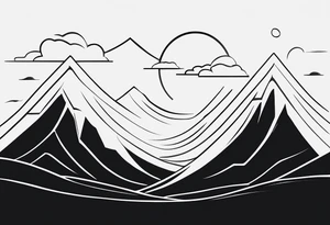 Line art one line minimalist sun mountain water tattoo idea