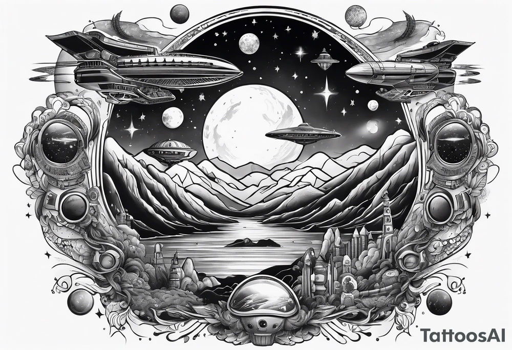 space themed arm sleeve with aliens ufos airplanes and rockets tattoo idea