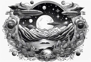 space themed arm sleeve with aliens ufos airplanes and rockets tattoo idea