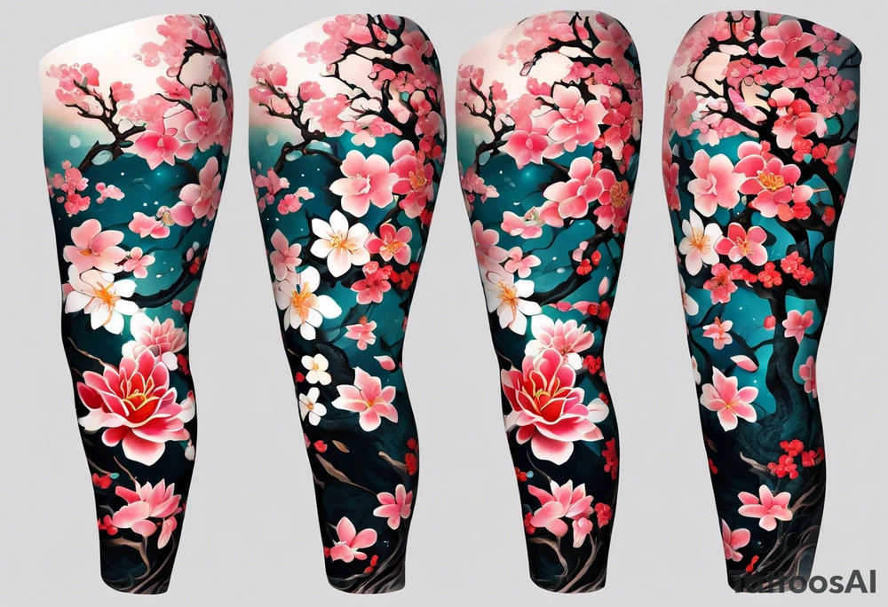 Japanese tattoo sleeve with a sakura tree tattoo idea