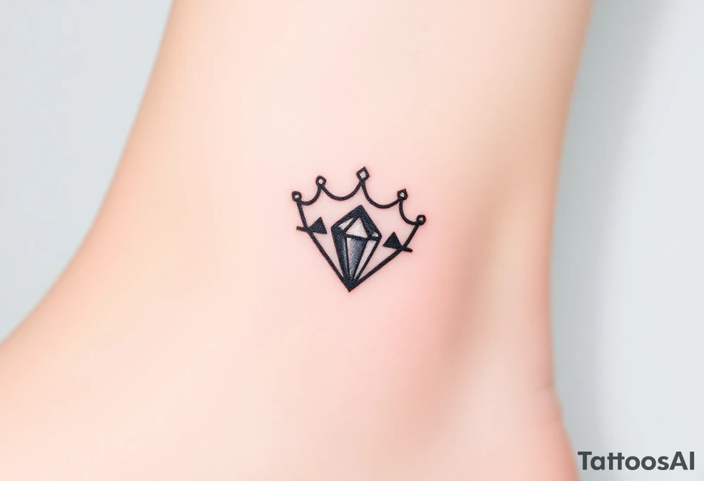 crown with a diamond-shaped gem in the center, rendered in simple black outlines with subtle metallic touches of silver and diamond-like glimmers tattoo idea