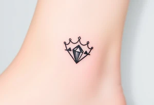 crown with a diamond-shaped gem in the center, rendered in simple black outlines with subtle metallic touches of silver and diamond-like glimmers tattoo idea