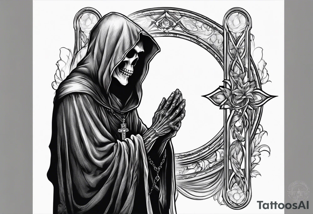 The grim reaper standing from a side profile praying with a rosary wrapped around his hands tattoo idea