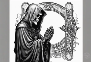 The grim reaper standing from a side profile praying with a rosary wrapped around his hands tattoo idea