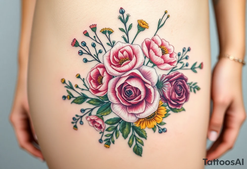 vintage bouquet of wild roses and meadow flowers with morning dew tattoo idea