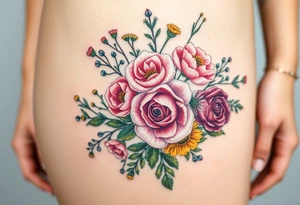 vintage bouquet of wild roses and meadow flowers with morning dew tattoo idea