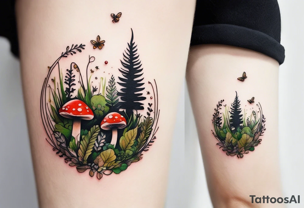minimalistic forest floor inspired tattoo, which includes grass, moss, curly ferns and dead leaves as the bulk of the tattoo. details to include: forest berries, couple of very small brown mushrooms, a tiny bumblebee flying nearby tattoo idea