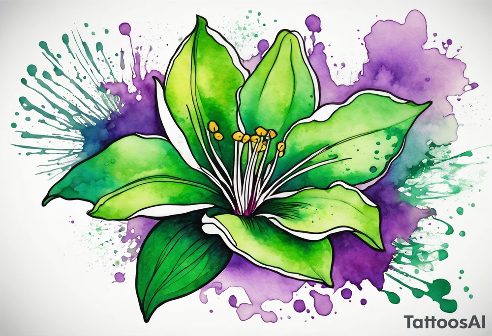 An outline of an only green rio dipladenia flower and a green and purple watercolor splash in the background tattoo idea