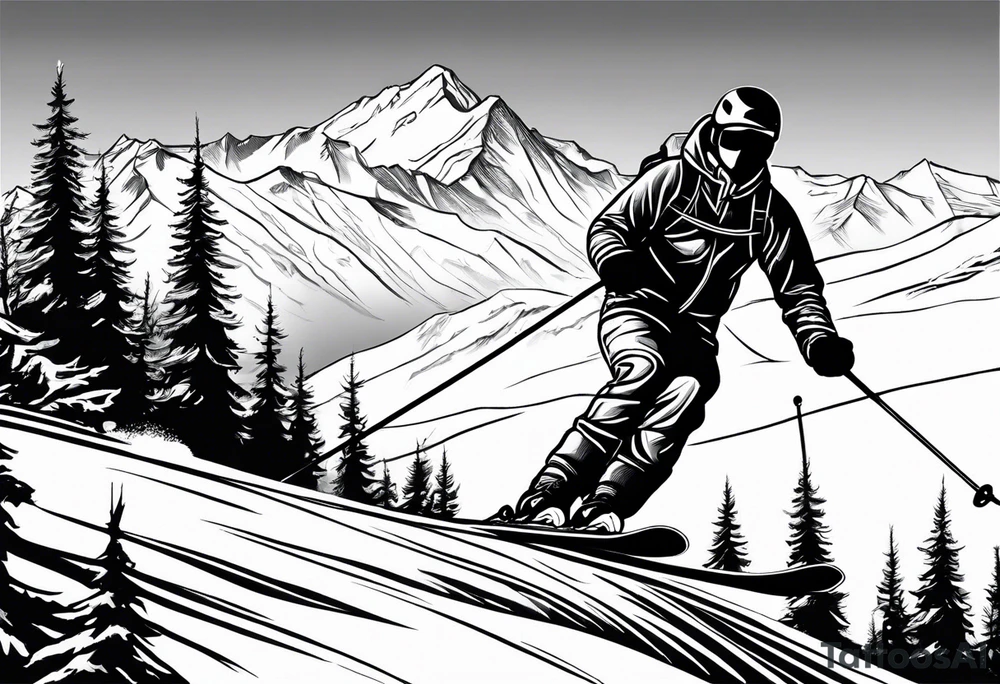 snow skier coming down mountain in distance with trees and mountains and lake at bottom tattoo idea