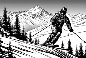 snow skier coming down mountain in distance with trees and mountains and lake at bottom tattoo idea