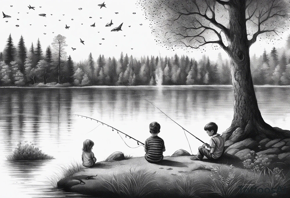 forearm tattoo set on a lake. There is a little boy sitting next to a little girl. The little boy is fishing and the little girl is reading. There are trees surrounding the lake. tattoo idea