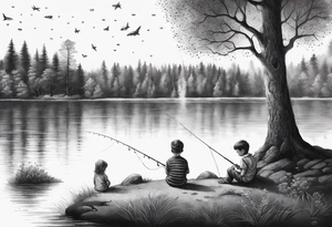 forearm tattoo set on a lake. There is a little boy sitting next to a little girl. The little boy is fishing and the little girl is reading. There are trees surrounding the lake. tattoo idea