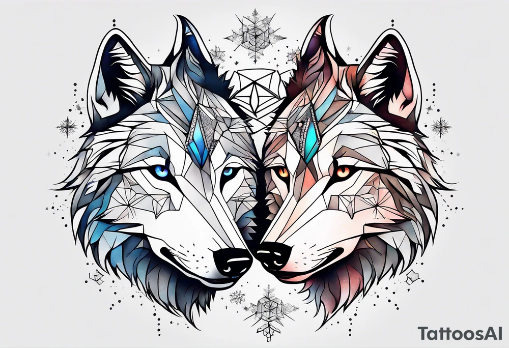 Constellation, two animal wolf, géométric, snowflake tattoo idea