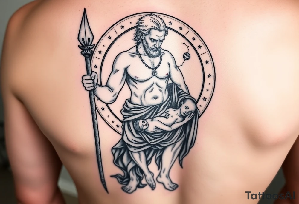 a tattoo design of the Greek God Saturn but older and nearly dying holding his spear looking down using the spear to keep himself upright, in his other arms cradling a twin dying younger version of himself. The gemini constellation is in the background behind the Saturn Gods. Long vertical form as this will be on a thigh - include the planet Saturn rings going round the design tattoo idea