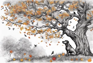 Autumn tree with a medium size grey brindle dog sitting under it and to the right facing it looking up and birds flying from the top right of the tree far view and full tree tattoo idea